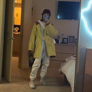 RARE 90s vintage yellow canvas Tommy Hilfiger coat with plaid lining